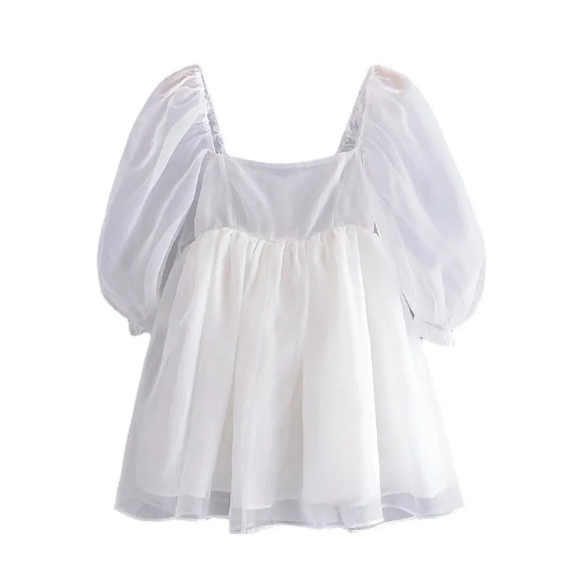 White Puff Sleeve A-Line High Waist Mini Dress