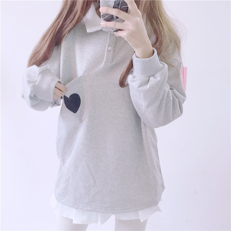 Cute Heart Embroidery Pocket Oversized Sweater Long Sleeve Shirt Pullover Hoodie Sweatshirt E-Girl Kawaii Korean Japanese Harajuku Retro Streetwear