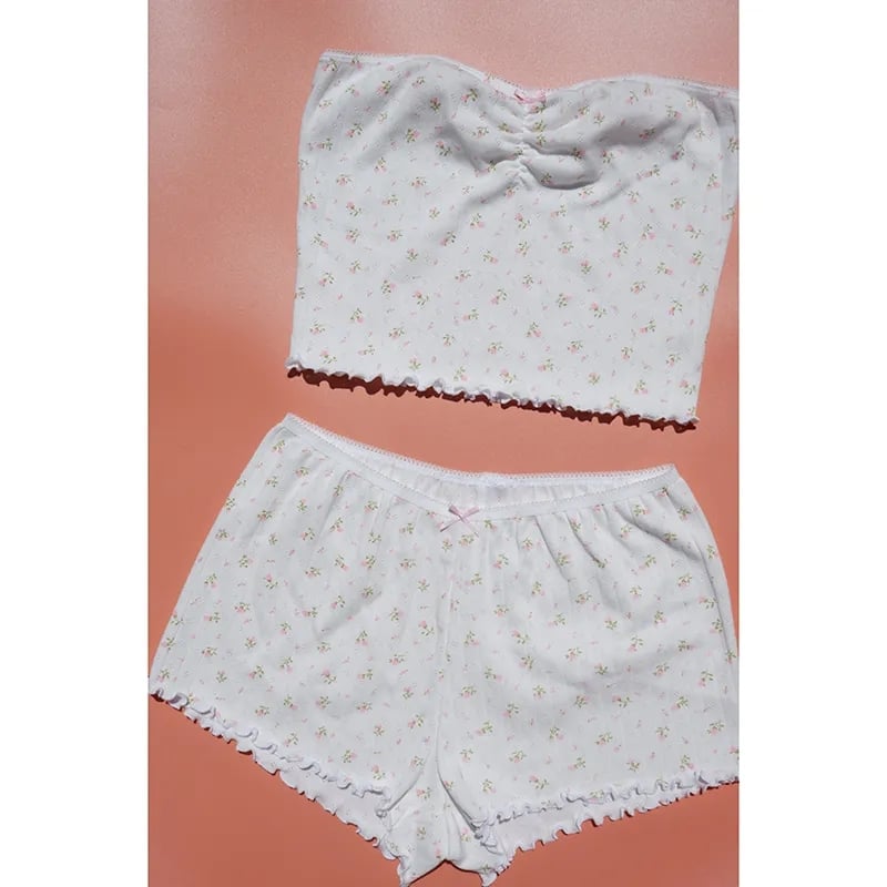 2PCS Pink Floral Print Frill Strapless Top + Shorts Set
