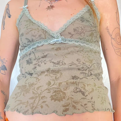 Floral Print Lace Trim Mesh Crop Top