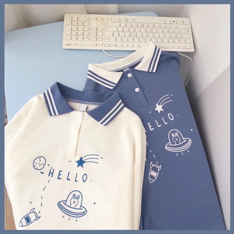 Cute Bunny Rabbit Spaceship Cartoon Print Button Down Long Sleeve Shirt T-shirt Top Summer Casual E-Girl Kawaii Korean Japanese Harajuku Streetwear