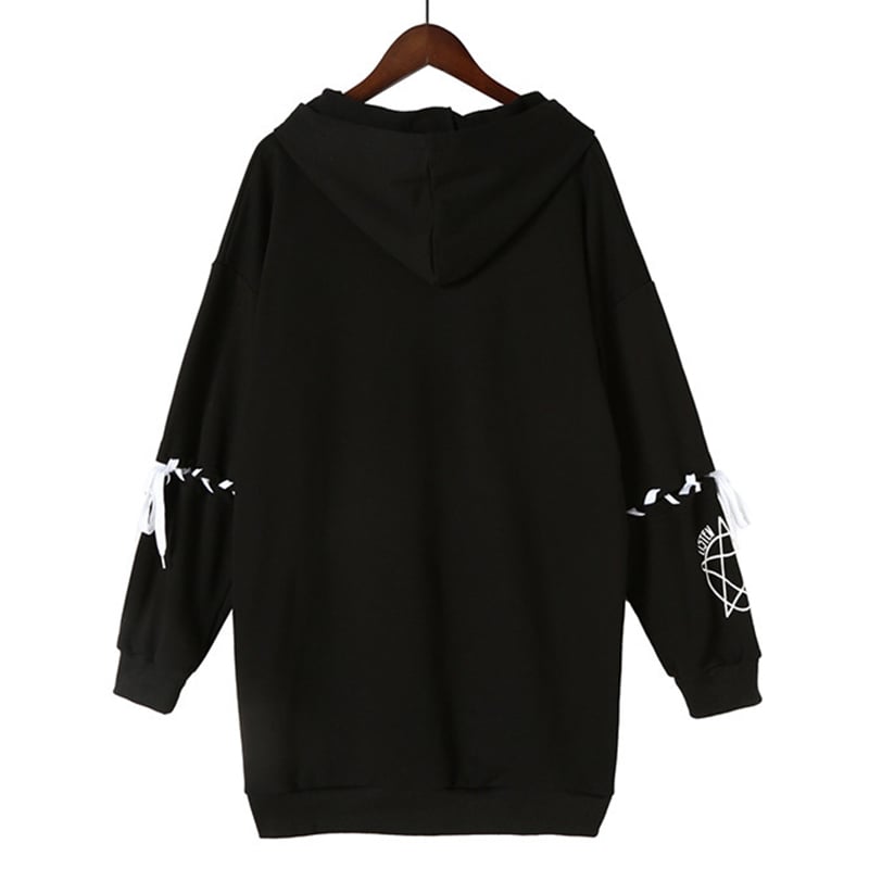 Cute Rabbit Evil Pentagon Lace Up Long Sleeve Hoodie Oversize Sweater Sweatshirt Pullover Jumper E-Girl Kawaii Korean Japanese Harajuku Streetwear