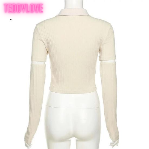 Cute Beige Cat Cartoon Embroidery Long Sleeve Detachable Shirt Crop Top Kpop Punk Summer Aesthetic Casual E-Girl Kawaii Korean Japanese Harajuku