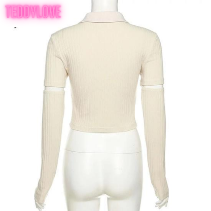 Cute Beige Cat Cartoon Embroidery Long Sleeve Detachable Shirt Crop Top Kpop Punk Summer Aesthetic Casual E-Girl Kawaii Korean Japanese Harajuku