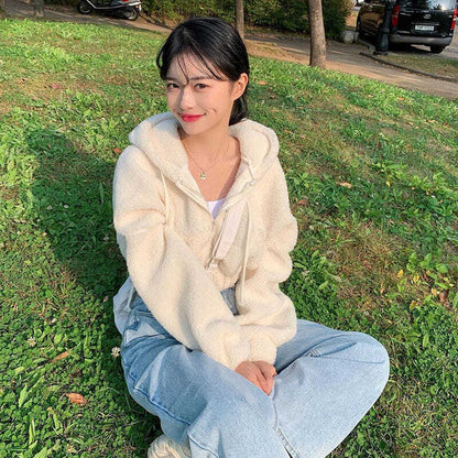 Soft Faux Lamb Wool Loose Long Sleeve Hoodie