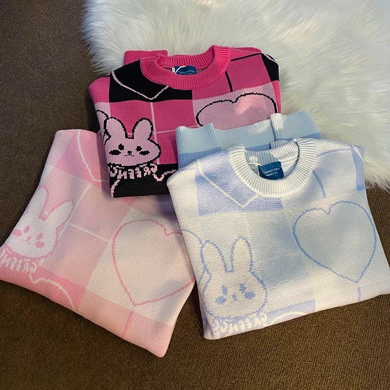 Cute Pink Bunny Rabbit Cartoon Knit Sweater Long Sleeve Pullover Jumper Aesthetic Casual E-Girl Kawaii Korean Japanese Harajuku