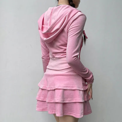 2PCS Pink Zipper Hoodie + Tiered Mini Skirt Set