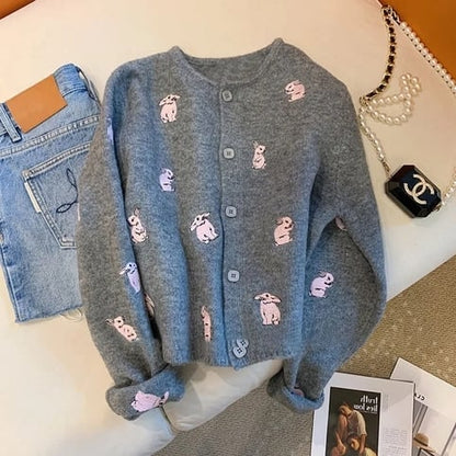 Grey Rabbit Embroidery Knit Cardigan