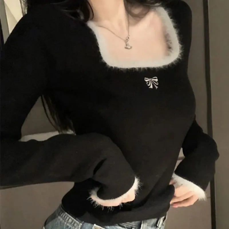 Black Bow Fluffy Square Collar Jumper