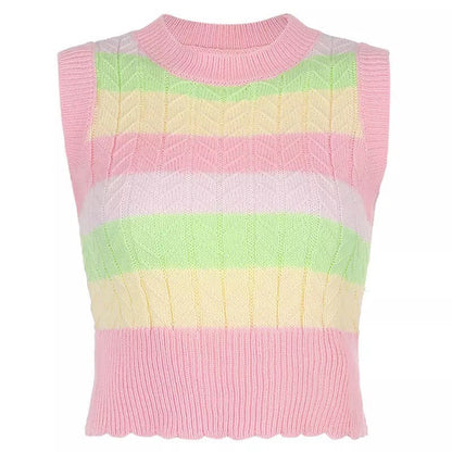 Cute Pink Rainbow Stripe Tie Dye Sleeveless V Neck Knit Vest Sweater Top Pullover Autumn Aesthetic E-Girl Kawaii Korean Japanese Harajuku Streetwear