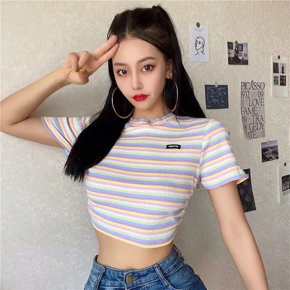 Rainbow Backless Short Sleeve Crop Top