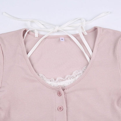 Pink Lace Patchwork Button Crop Top