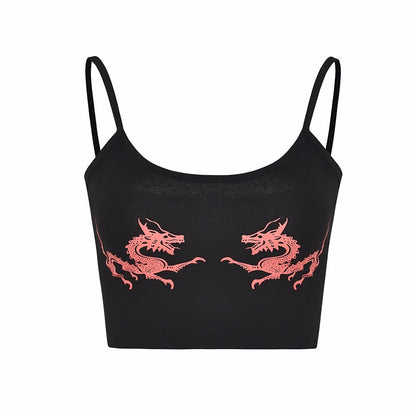 Cute Sexy Casual Dragon Sleeveless Tank Crop Top Shirt Tee T-shirt E-Girl Kawaii Korean Japanese Harajuku Chinese Retro Streetwear Aesthetic