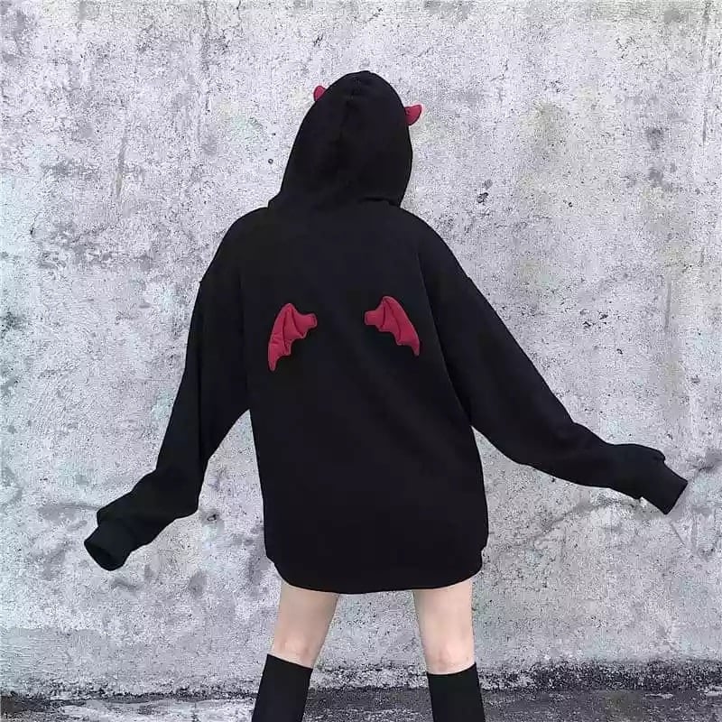 Cute Black Demon Wing Devil Horns Oversized Hoodie Long Sleeve Shirt Sweater Sweatshirt Punk Goth E-Girl Kawaii Korean Japanese Harajuku Streetwear