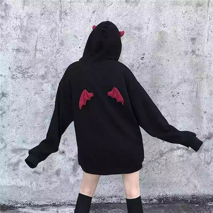 Cute Black Demon Wing Devil Horns Oversized Hoodie Long Sleeve Shirt Sweater Sweatshirt Punk Goth E-Girl Kawaii Korean Japanese Harajuku Streetwear