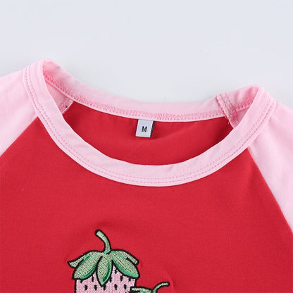 Cute Strawberry Embroidery Patchwork Short Sleeve Shirt Crop Top T-shirt Tee Casual Summer E-Girl Kawaii Korean Japanese Harajuku Streetwear