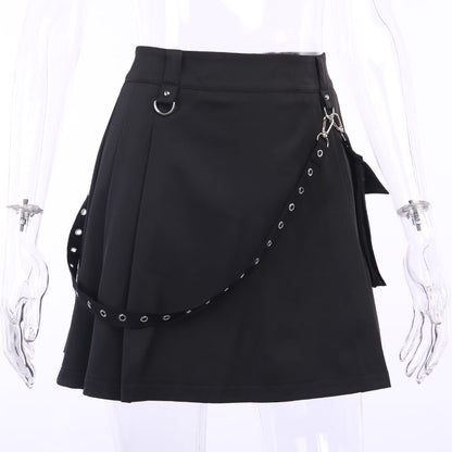 Cute Sexy Punk Goth Black High Waist Mini Skirt Patchwork Bandage Bottom E-Girl Kawaii Korean Japanese Harajuku Chinese Retro Streetwear Aesthetic
