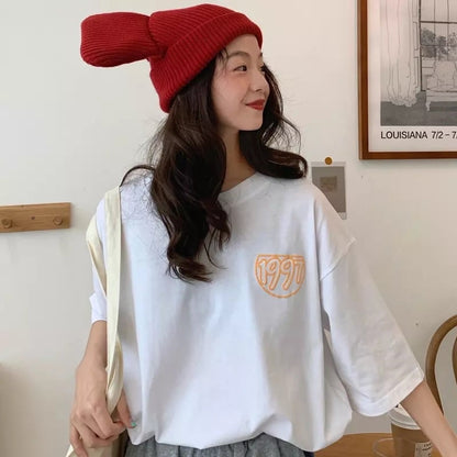 Pastel Retro 90s Vintage Cartoon Print Three Quarter Short Sleeve Tee Shirt T-shirt Top Causal E-Girl Kawaii Korean Japanese Harajuku Streetwear