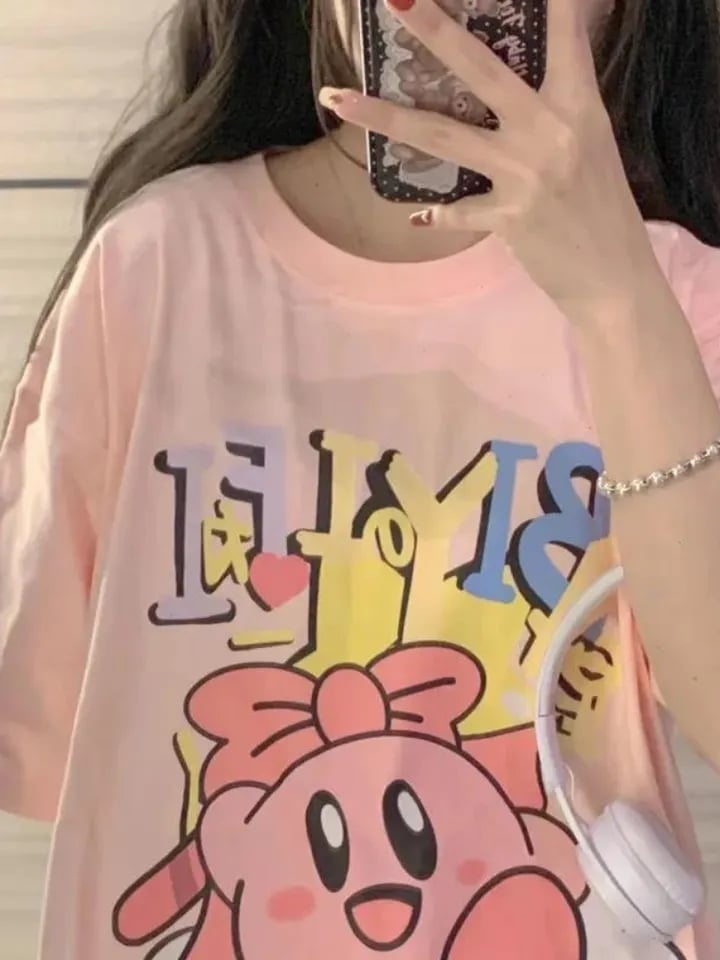 Pink Anime Cartoon Print Short Sleeve T-shirt