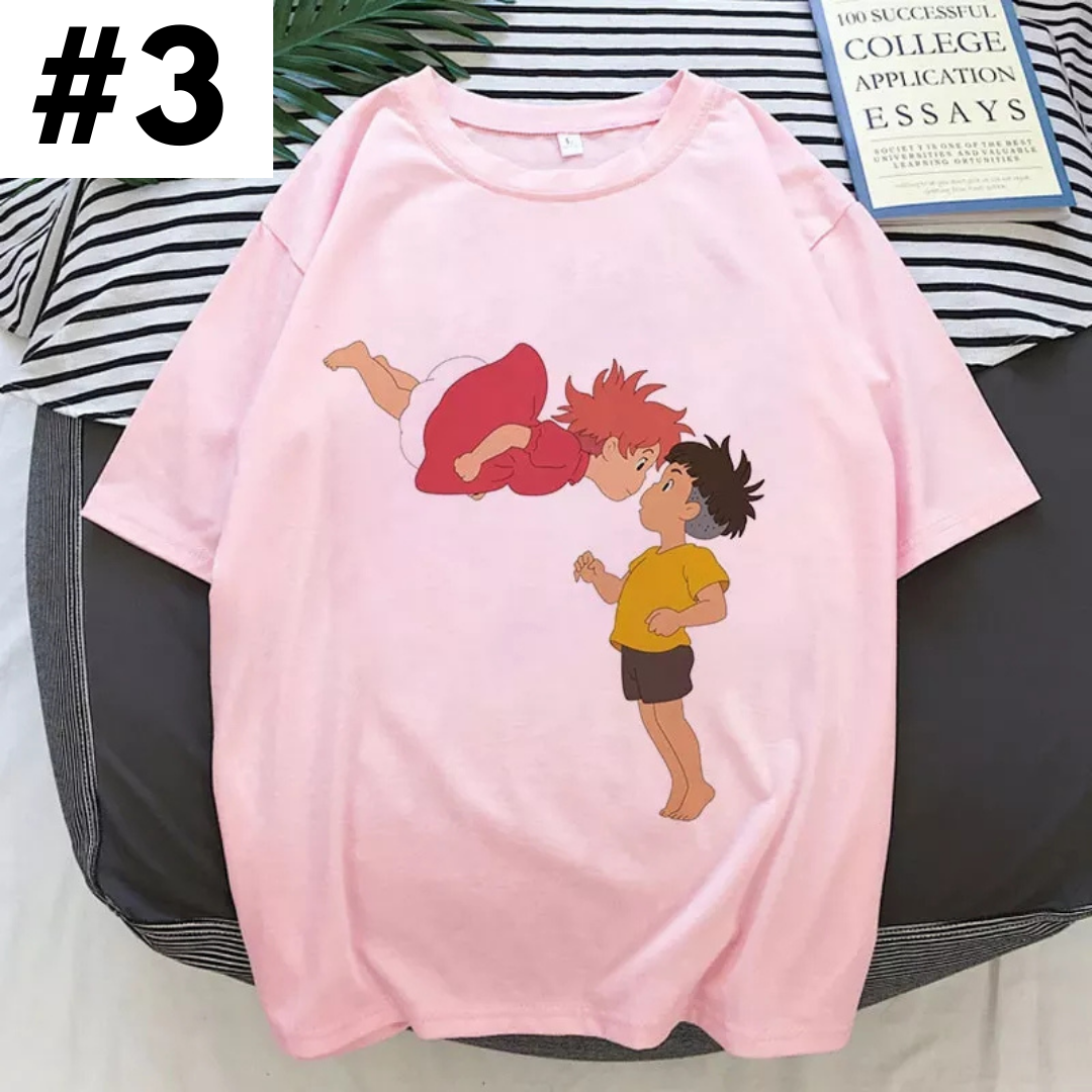 Cute Pink Ponyo Anime Cartoon Print Graphic Short Sleeve Shirt Top Summer Aesthetic Casual E-Girl Kawaii Korean Japanese Harajuku