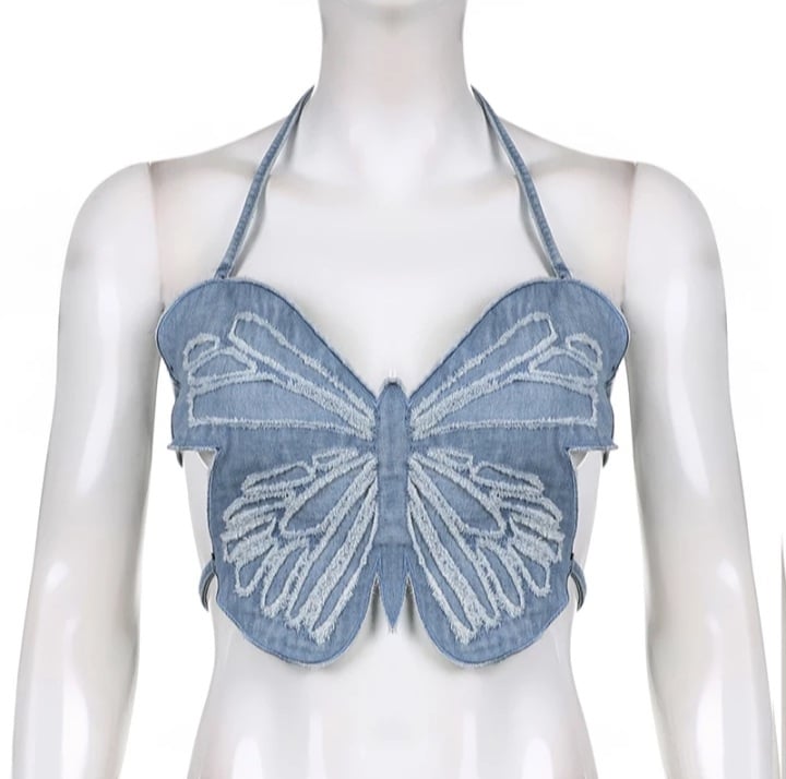 Cute Sexy Butterfly Denim Backless Crop Top Sleeveless Shirt Party Beach Summer Aesthetic Casual E-Girl Kawaii Korean Japanese Harajuku