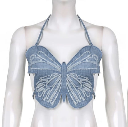 Cute Sexy Butterfly Denim Backless Crop Top Sleeveless Shirt Party Beach Summer Aesthetic Casual E-Girl Kawaii Korean Japanese Harajuku