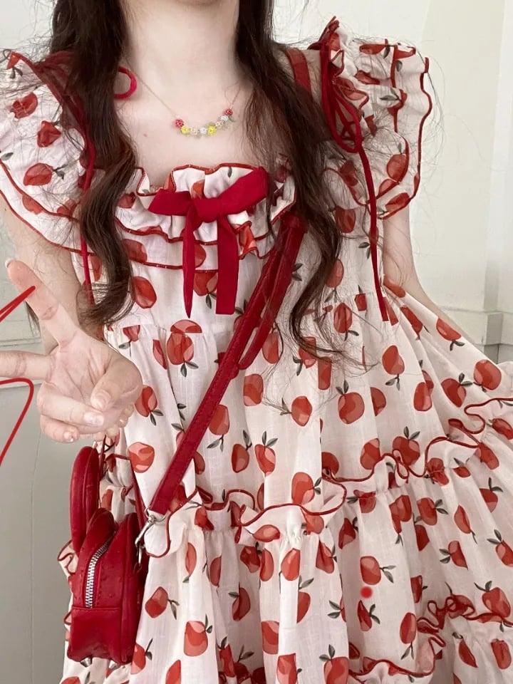 Apple Print Ruffle Mini Dress