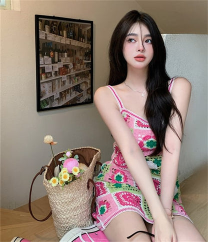 Pink Crochet Square Mini Dress