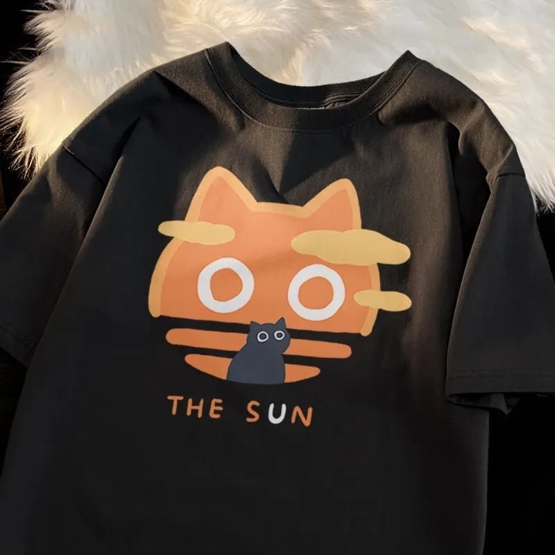 Cat Cartoon Sun Moon Print Short Sleeve T-shirt