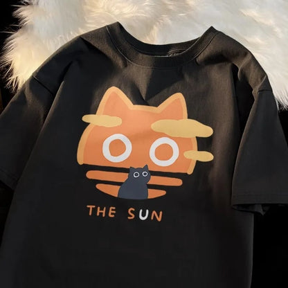 Cat Cartoon Sun Moon Print Short Sleeve T-shirt