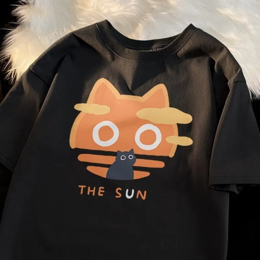 Cat Cartoon Sun Moon Print Short Sleeve T-shirt