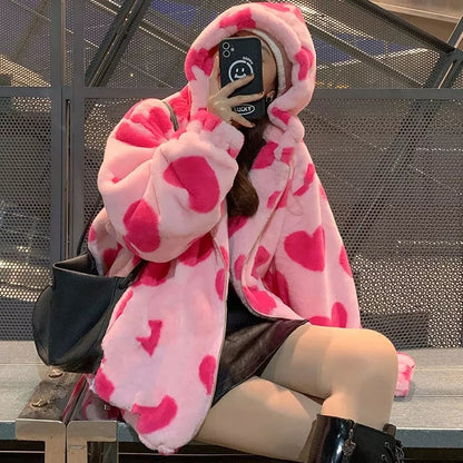 Cute 90s Heart Print Plush Long Sleeve Jacket Hoodie Sweater Coat Aesthetic Casual E-Girl Kawaii Korean Japanese Harajuku