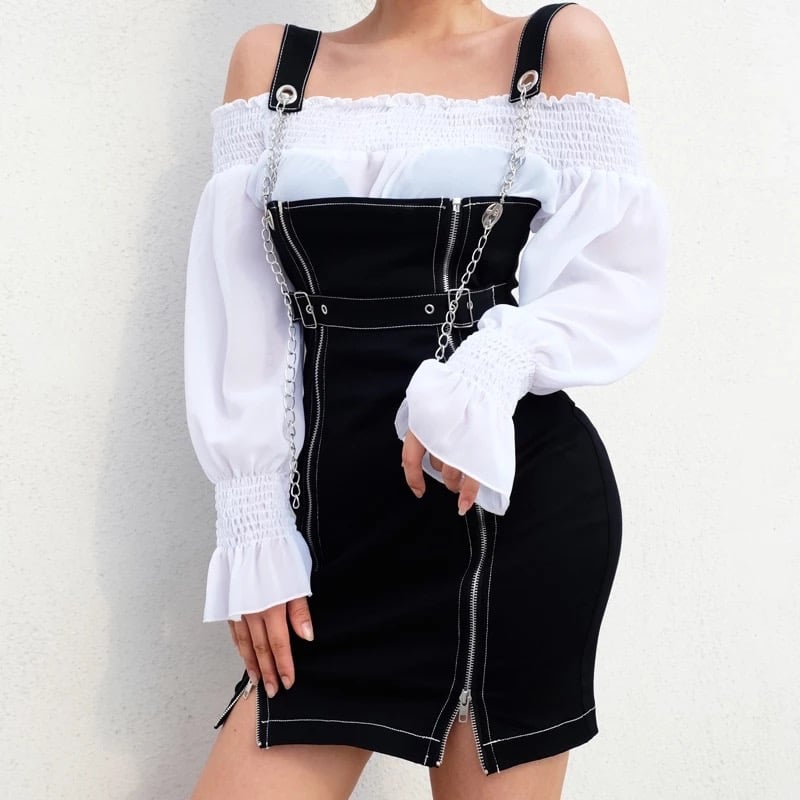 Sexy Black Casual Chain Metal Sling Belt Zipper Short Mini Dress Punk Goth E-Girl Kawaii Korean Japanese Harajuku Streetwear