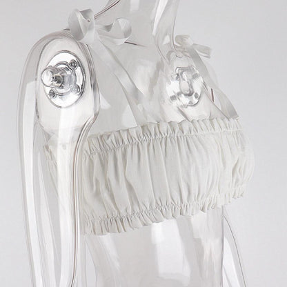 White Pleated Hollow Out Bustier Bandage Bodycon Crop Top Sleeveless Shirt Beach Boho Summer Aesthetic Casual E-Girl Kawaii Korean Japanese Harajuku
