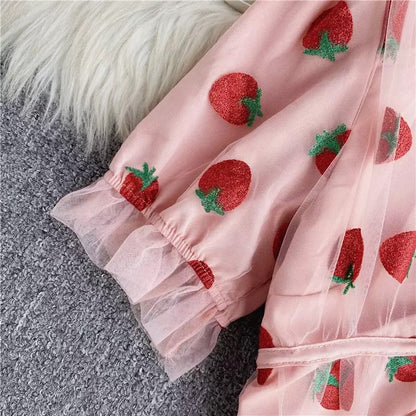 Cute Sexy Pink Strawberry Glitter Sparkle Mesh V Neck Blouse Puff Short Sleeve Shirt Summer Casual E-Girl Kawaii Korean Japanese Harajuku Streetwear