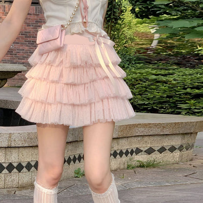 Sweet Bow Ruffle Layer Bandage A-Line Skirt