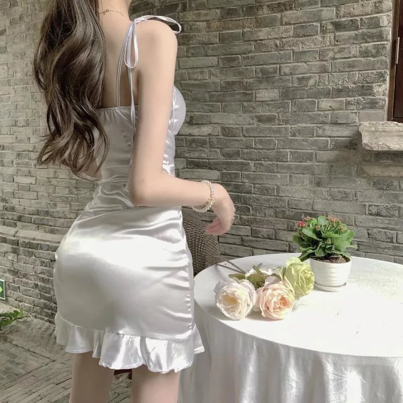 Cute Sexy Silk Sling French Mini Bodycon Dress Party Club Summer Aesthetic Casual E-Girl Kawaii Korean Japanese Harajuku