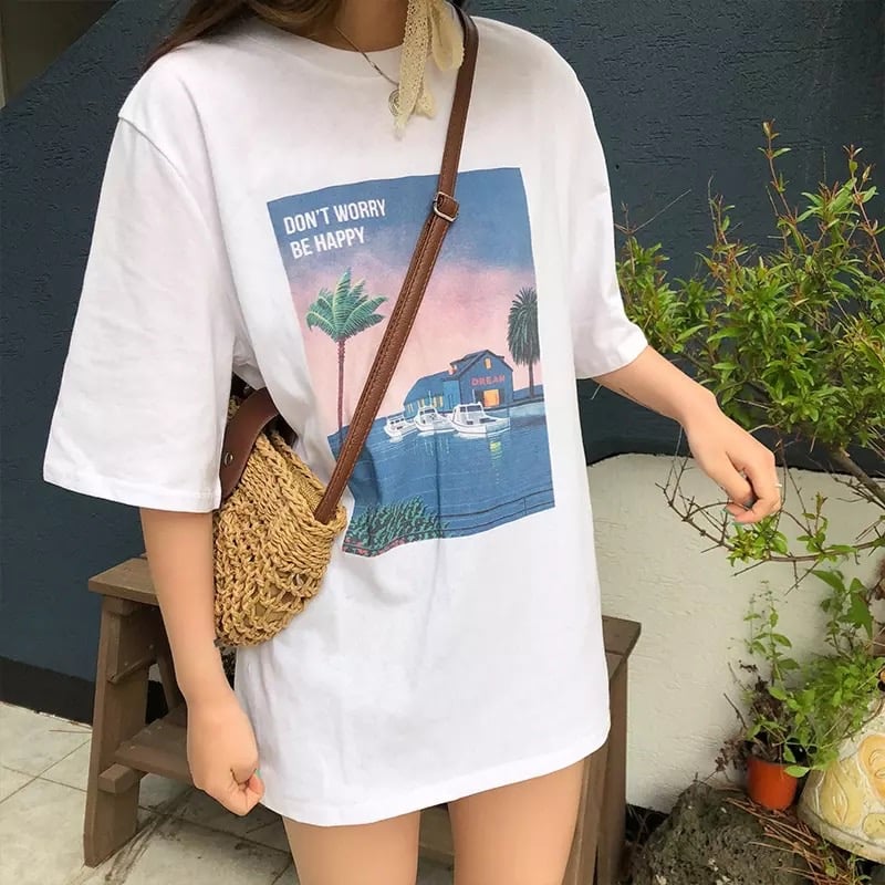 Cute Vintage Pastel Summer Beach Art Print Short Sleeve Tee Shirt T-shirt Top Oversized Loose Causal E-Girl Kawaii Korean Japanese Harajuku Streetwear