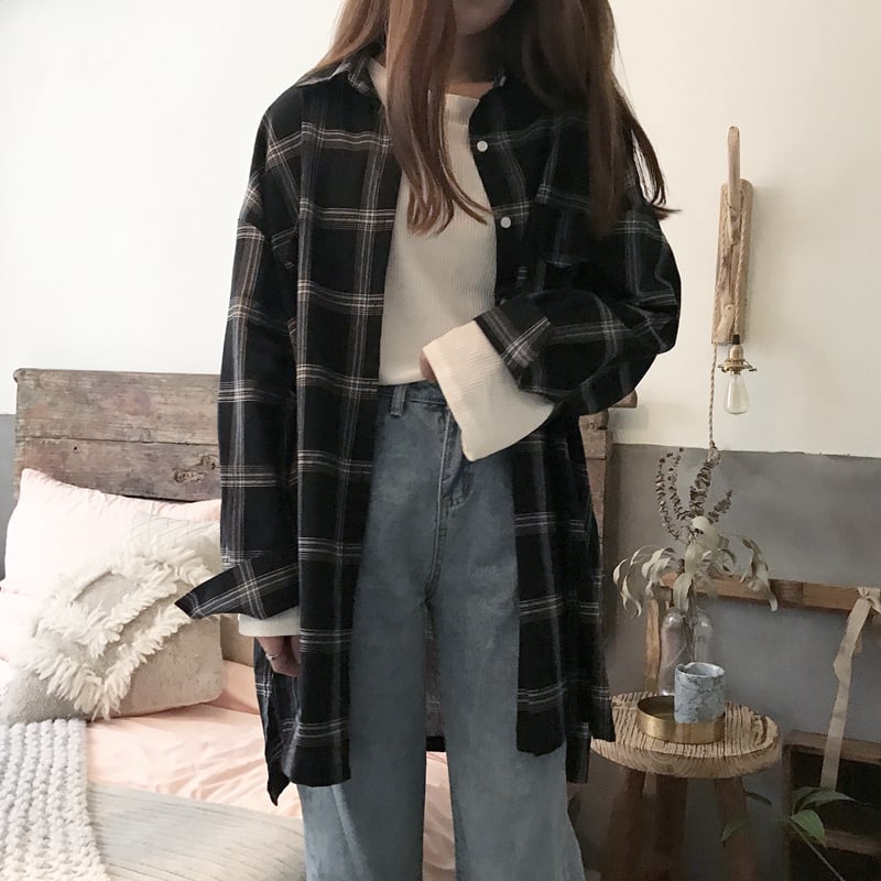 Cute Casual Plaid Flannel Loose Oversized Long Sleeve Shirt Top Boyfriend Baggy E-Girl Kawaii Korean Japanese Harajuku Retro Streetwear