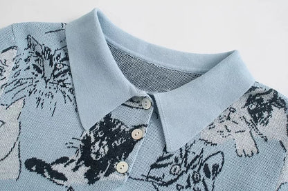 Blue Cat Knit Short Sleeve Shirt