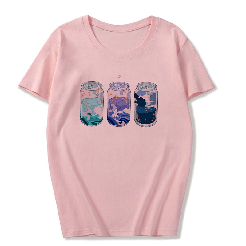 Cute Pink Milkshakes Drink Summer Pastel Print Short Sleeve Shirt Tee T-shirt E-Girl Kawaii Korean Japanese Harajuku Retro Streetwear Aesthetic