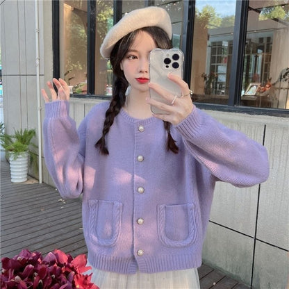 Purple Single Breasted Pocket Loose Cardigan