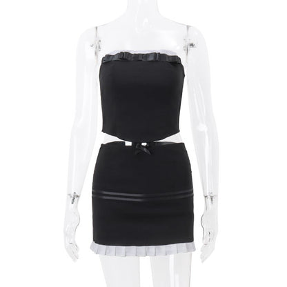 2PCS Black & White Strapless Top + Pleated Mini Skirt