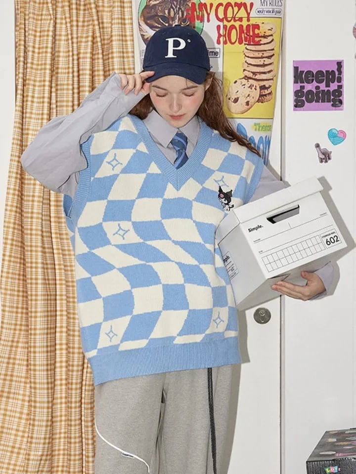 Japanese Anime Checkered Vest Sweater