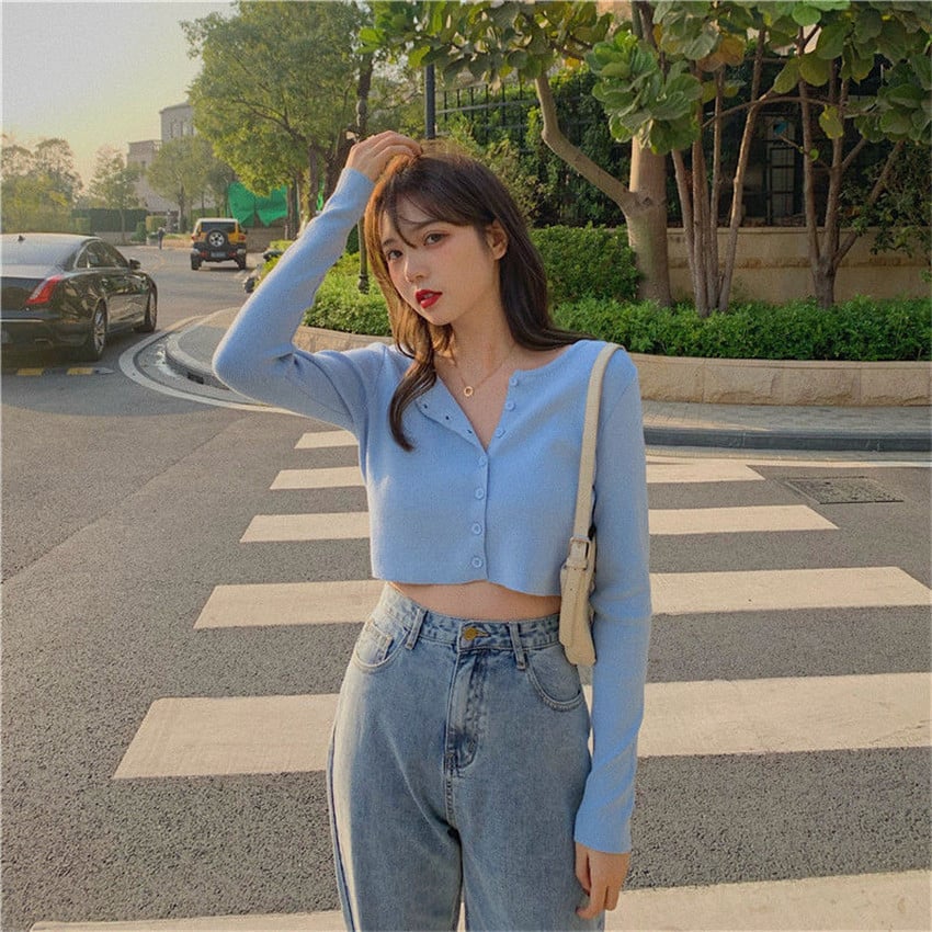 Cute Vintage O Neck Button Down Knit Cardigan Crop Top Sweater Sweatshirt Pullover Jumper E-Girl Kawaii Korean Japanese Harajuku Streetwear
