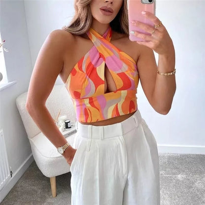 Cute Sexy Orange Vintage Retro Halter Crossover Straps Tank Crop Top Sleeveless Shirt Aesthetic Casual Summer E-Girl Kawaii Korean Japanese Haraju