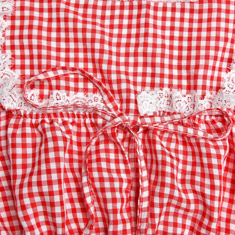 Red & White Plaid Lace Square Neck Top