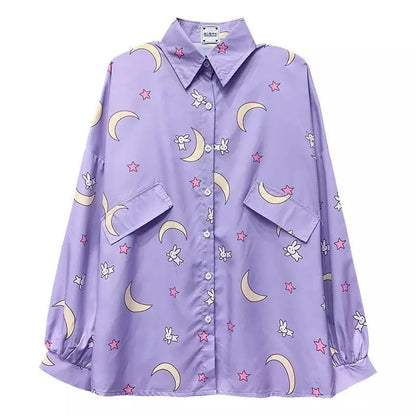 Pastel Purple Anime Star Moon Cartoon Blouse Oversized Long Sleeve Shirt Loose Button Autumn Winter E-Girl Kawaii Korean Japanese Harajuku Streetwear