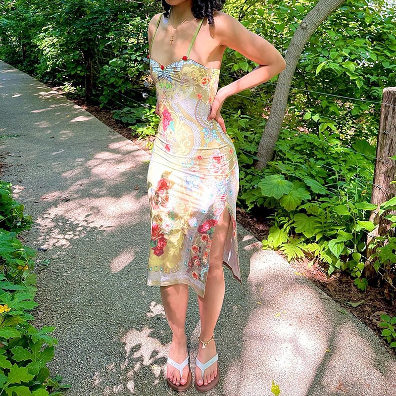 Floral Print Split Sleeveless Midi Dress