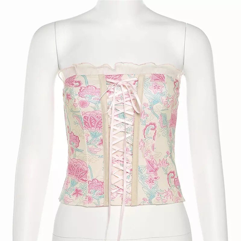 Pink Floral Print Corset Bandage Bustier Crop Top Sleeveless Shirt Summer Aesthetic Casual E-Girl Kawaii Korean Japanese Harajuku
